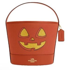 Coach Orange Pumpkin Jack-o'-Lantern Bucket Bag with Gold Accent